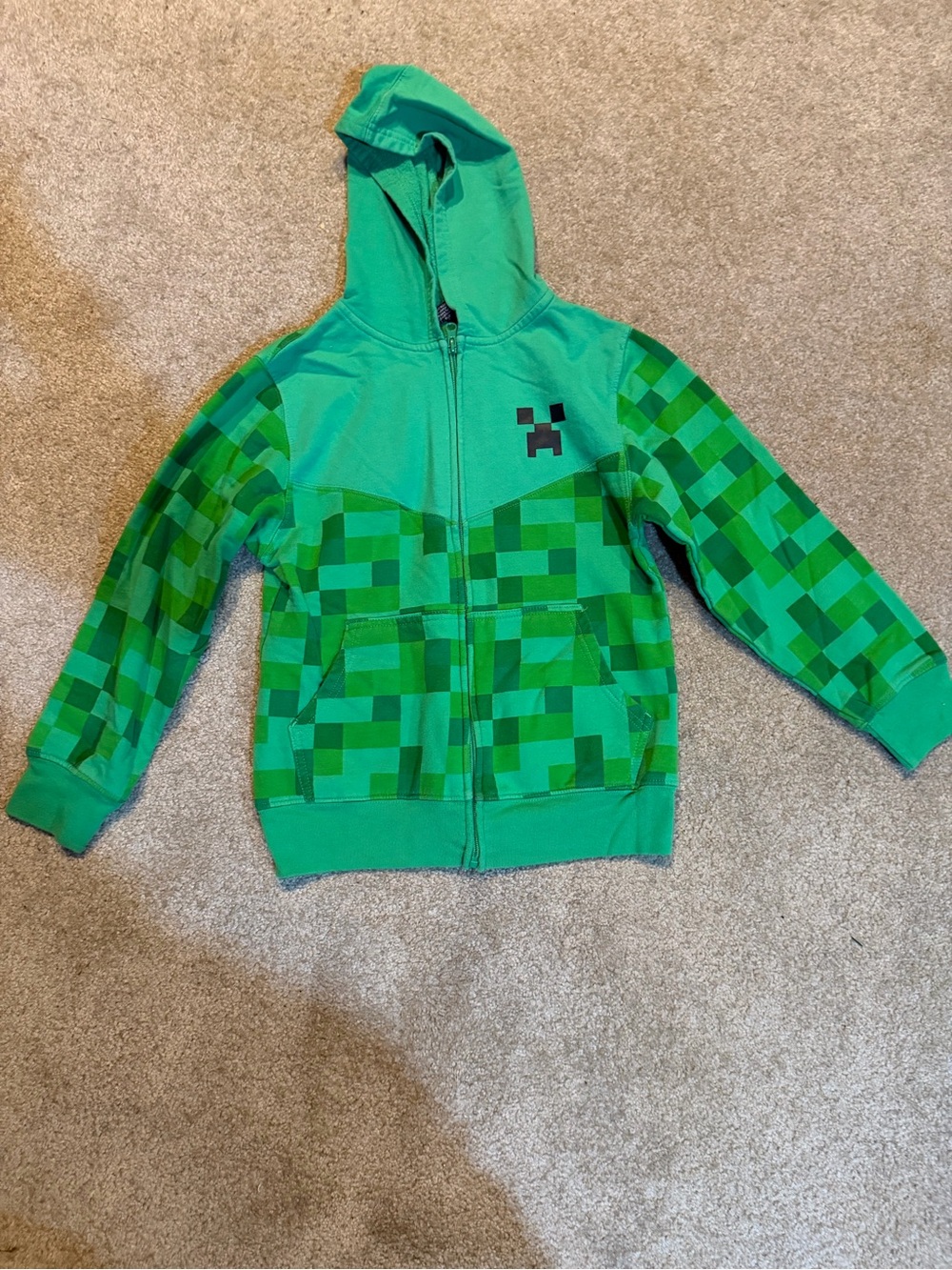 Kids Green Pixel-Pattern Zip Hoodie with Creeper Graphic